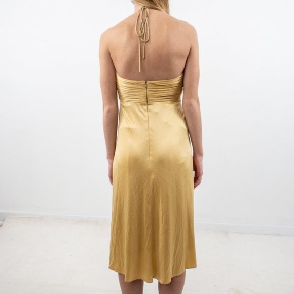 Anthro Y2K XS Silk Ruched Goddess Mini Dress Gold - Picture 4 of 8